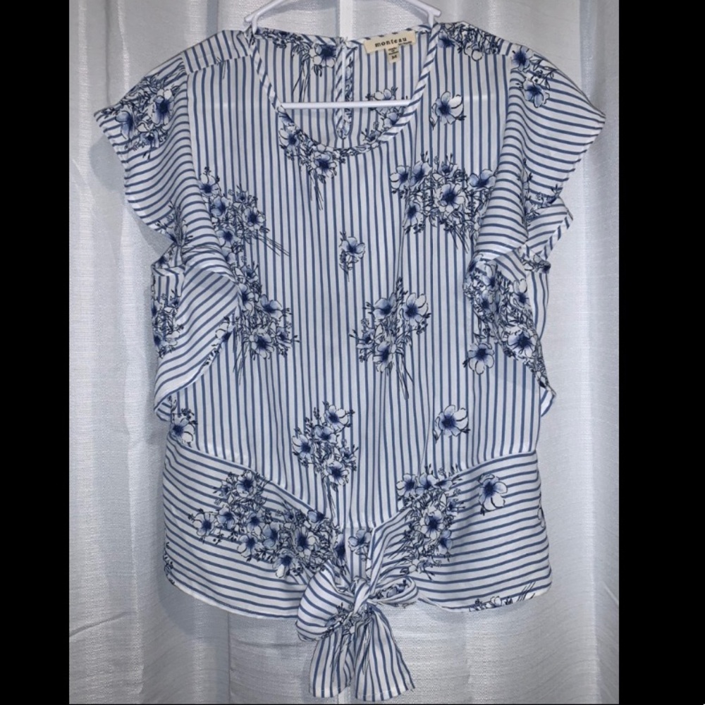 Striped Floral Blouse with Tie